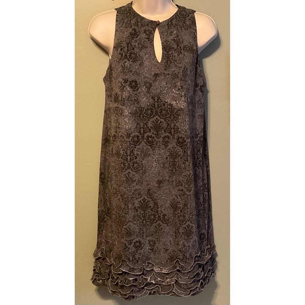 LADIES S MUSE Sleeveless DRESS DAY TO NIGHT RUFFLE HEM GrayBlack Shine Flowers